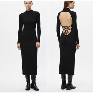 NEW ZARA Black Ribbed Midi Dress Open Back Lace Up Detail Size MEDIUM womens